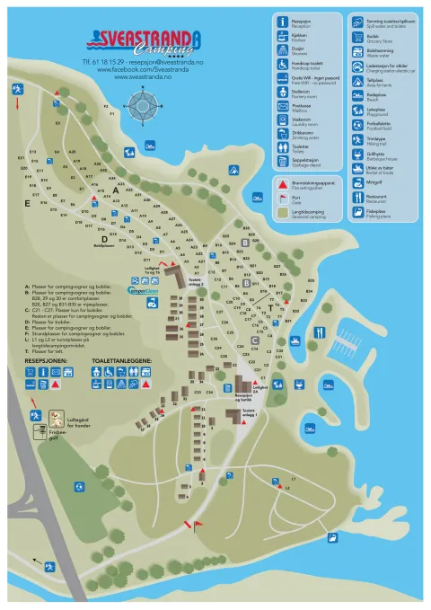Kart over døgnplasser på Sveastranda Camping